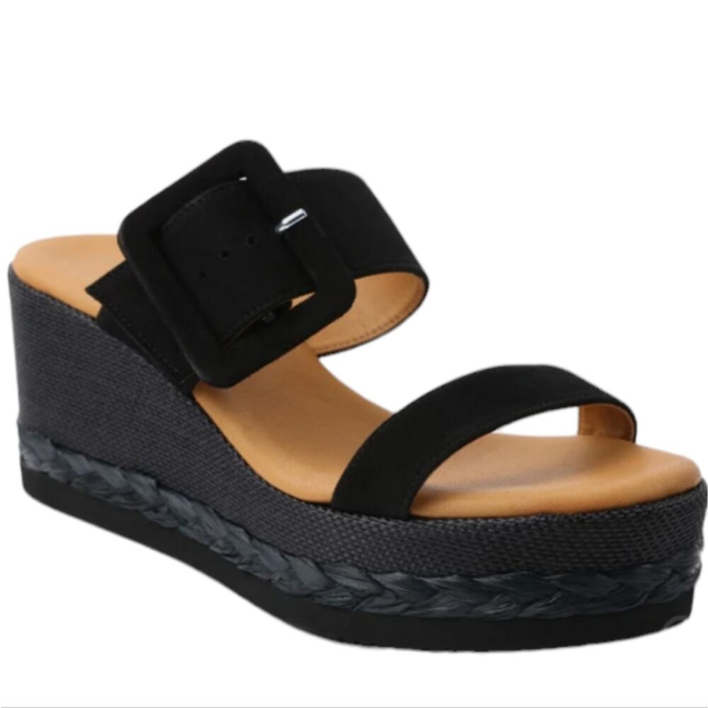 Andre Assous Suede Platform Espadrille Wedge Sandals Black Slip On Size 8 / 38